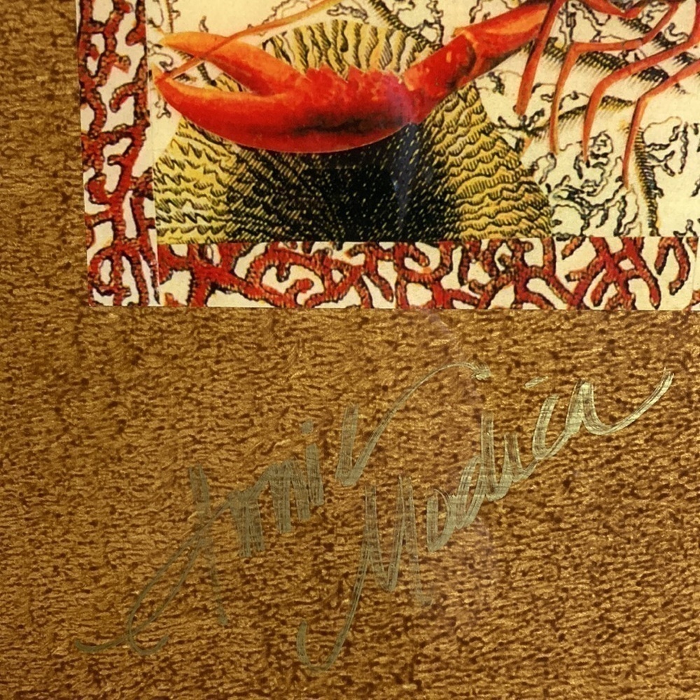 Annie Modica Signed Lobster Coral Stripe Decoupage Style Handle Tray Artisan - Picture 5 of 16